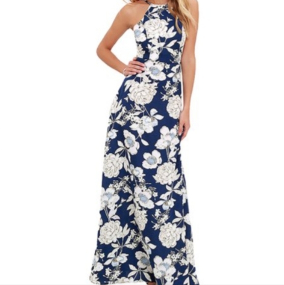 Halter Neck Floral Print Maxi Dress (Pearl Belt Not Included) main image 0
